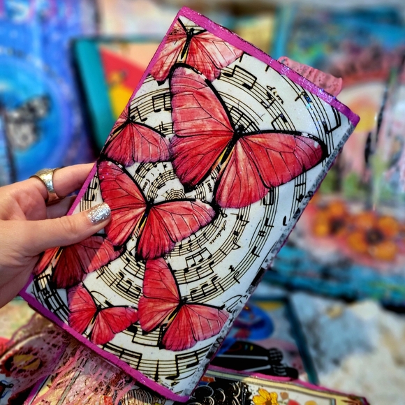 Rose Gold Pink Music and Butterflies Handmade Canvas Journal Hand Dyed Pages - Picture 11 of 12